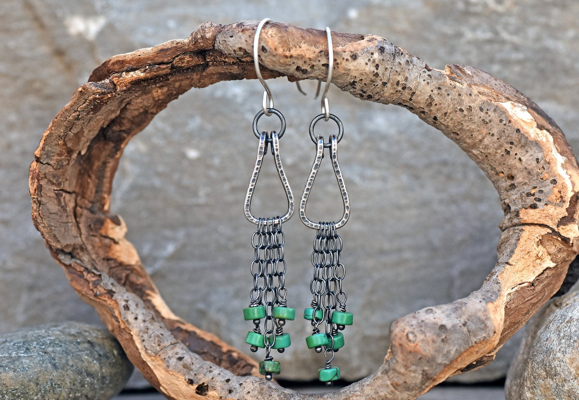 Long Turquoise Earrings, Artisan Sterling Silver Chain Fringe Dangles, Rustic Green Gemstone Jewelry