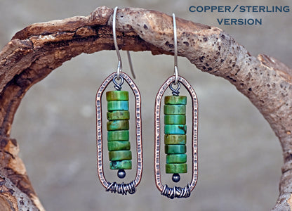 Turquoise Boho Earrings, Rustic Mixed Metal Jewelry Handmade, Unique Copper Sterling Silver Dangles