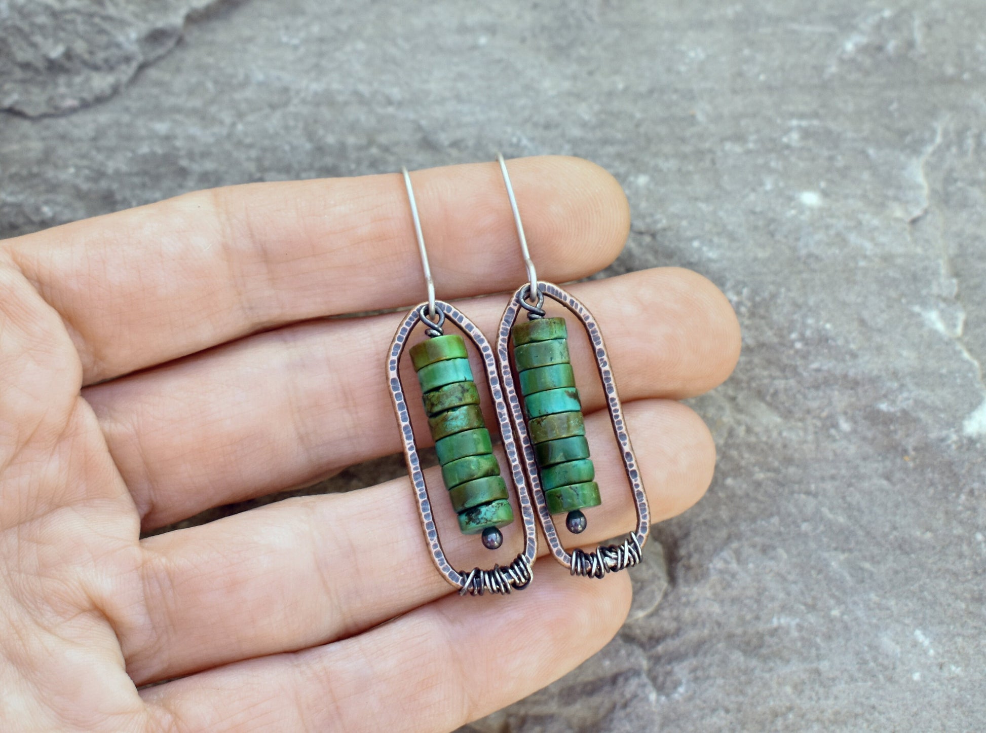 Turquoise Boho Earrings, Rustic Mixed Metal Jewelry Handmade, Unique Copper Sterling Silver Dangles
