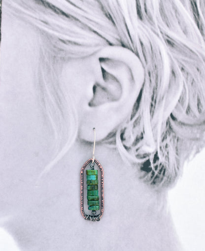 Turquoise Boho Earrings, Rustic Mixed Metal Jewelry Handmade, Unique Copper Sterling Silver Dangles