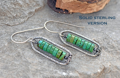 Turquoise Boho Earrings, Rustic Mixed Metal Jewelry Handmade, Unique Copper Sterling Silver Dangles