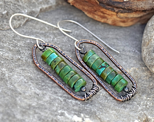 Turquoise Boho Earrings, Rustic Mixed Metal Jewelry Handmade, Unique Copper Sterling Silver Dangles