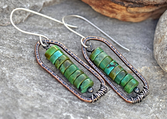 Turquoise Boho Earrings, Rustic Mixed Metal Jewelry Handmade, Unique Copper Sterling Silver Dangles