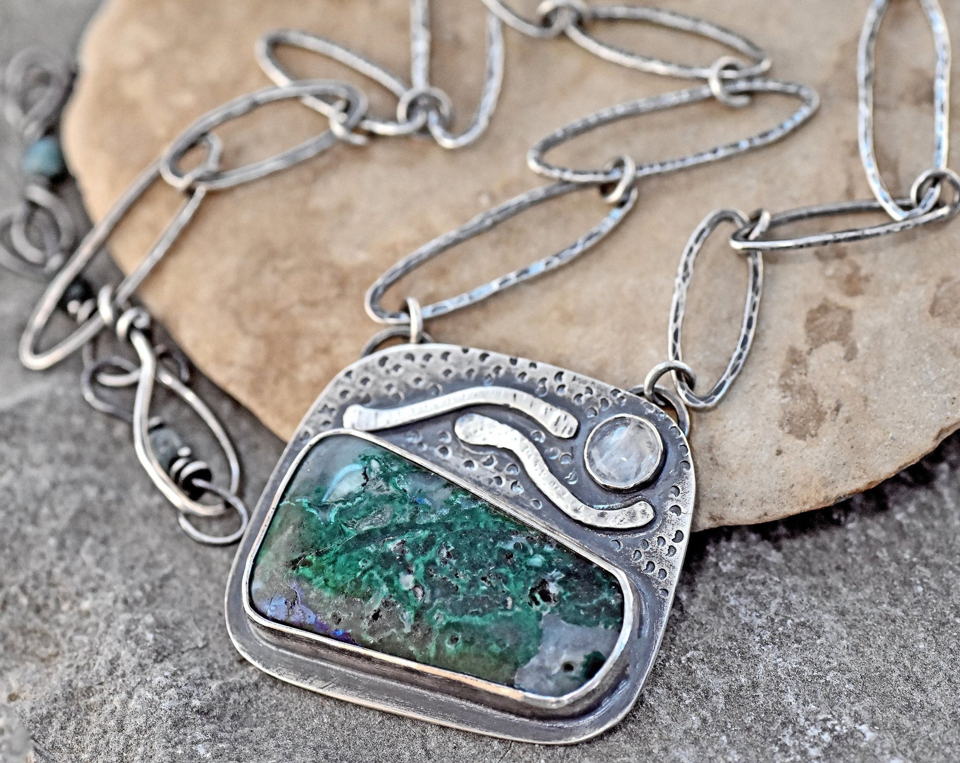 Azurite Malachite Necklace, Sterling Silver Artisan Pendant, Silversmith Statement Jewelry Handmade Chain, Rustic Green Stone, Moonstone
