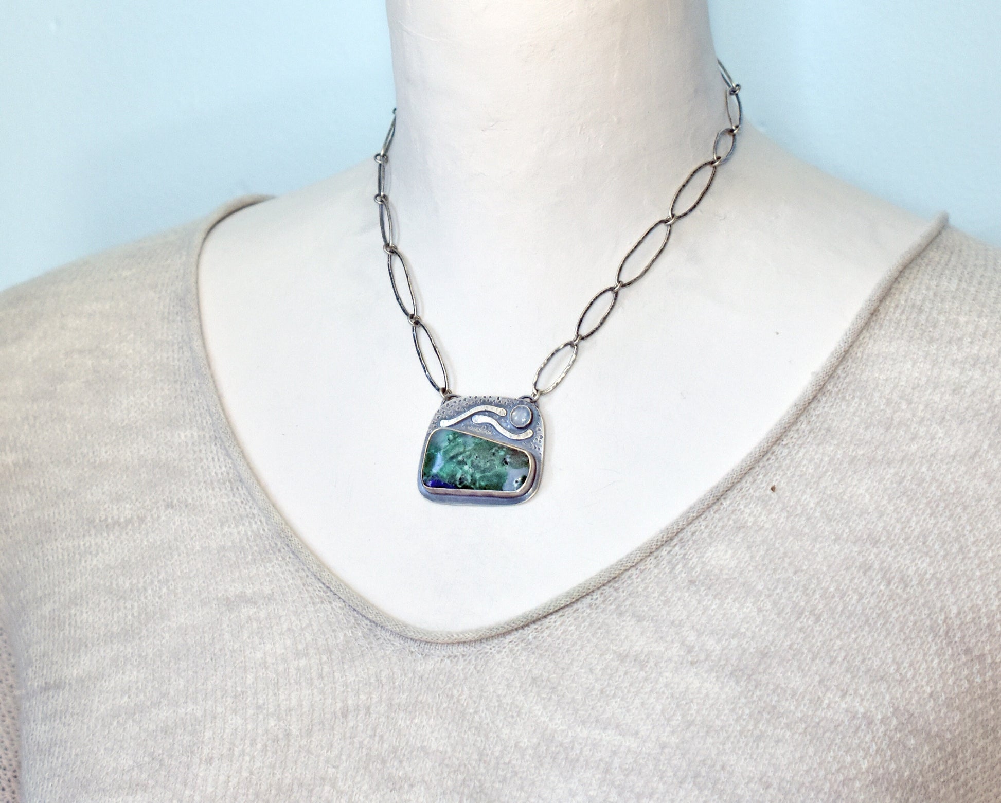 Azurite Malachite Necklace, Sterling Silver Artisan Pendant, Silversmith Statement Jewelry Handmade Chain, Rustic Green Stone, Moonstone