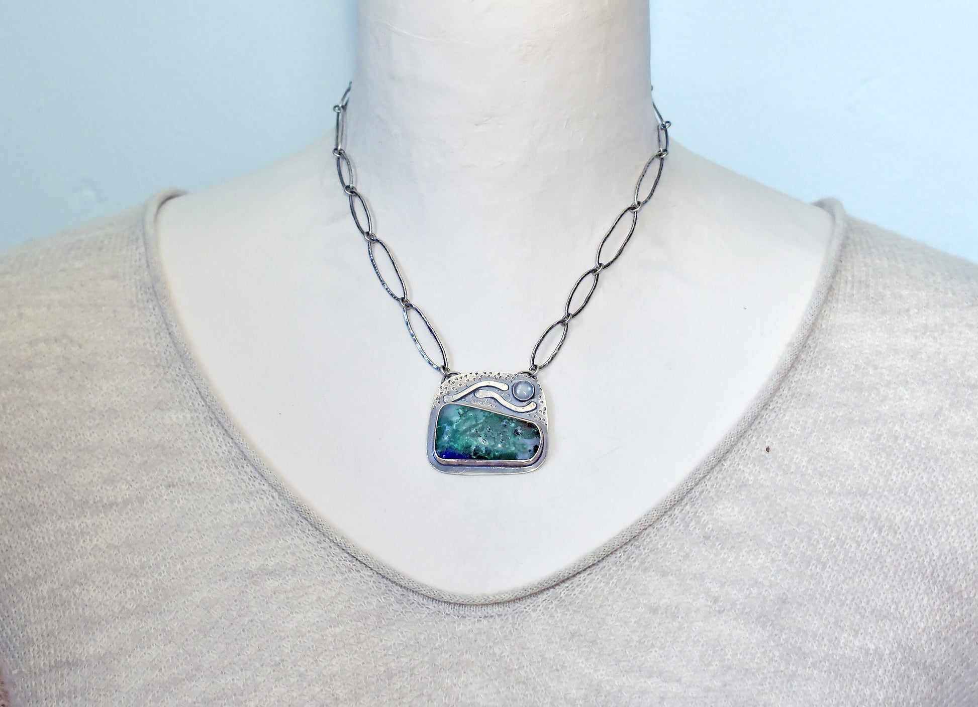 Azurite Malachite Necklace, Sterling Silver Artisan Pendant, Silversmith Statement Jewelry Handmade Chain, Rustic Green Stone, Moonstone