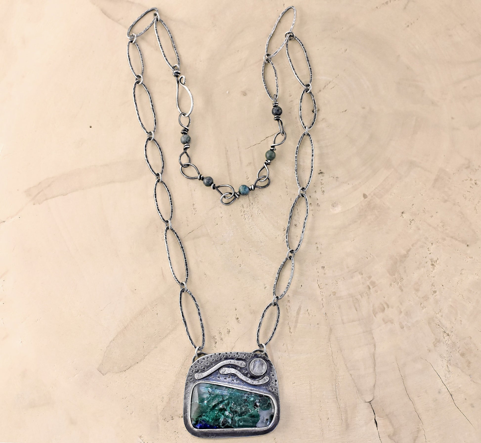 Azurite Malachite Necklace, Sterling Silver Artisan Pendant, Silversmith Statement Jewelry Handmade Chain, Rustic Green Stone, Moonstone