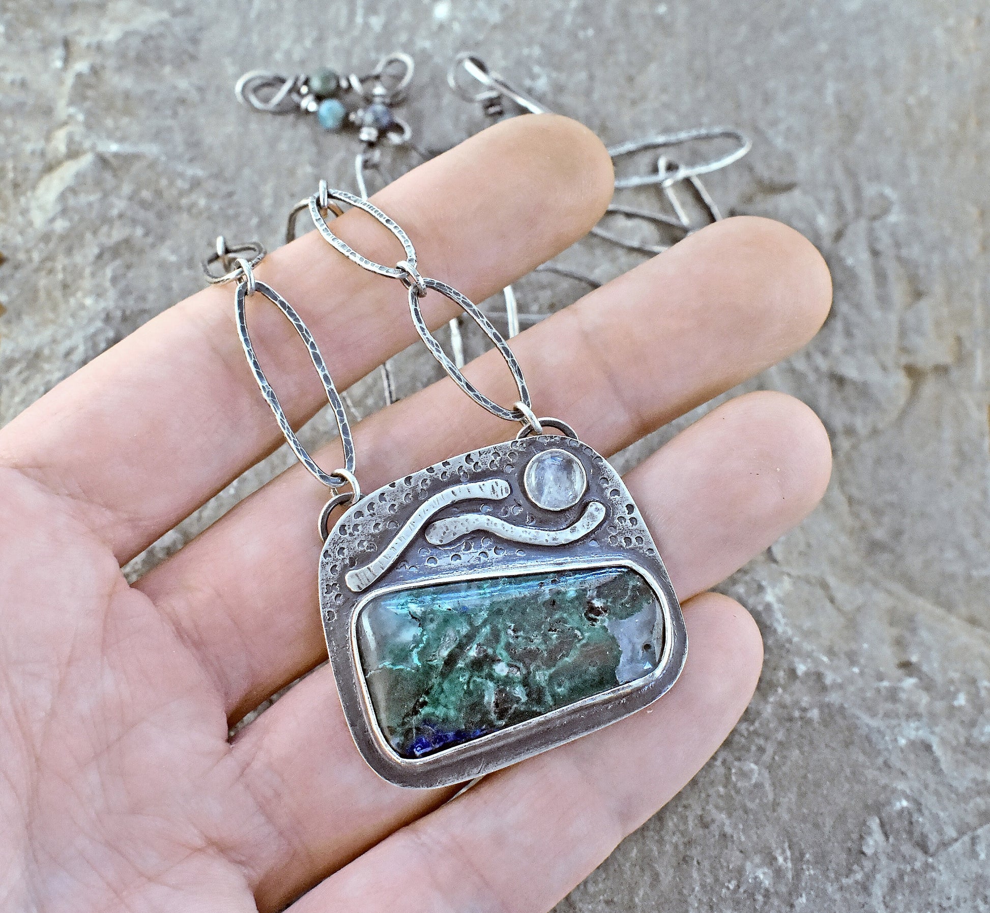 Azurite Malachite Necklace, Sterling Silver Artisan Pendant, Silversmith Statement Jewelry Handmade Chain, Rustic Green Stone, Moonstone