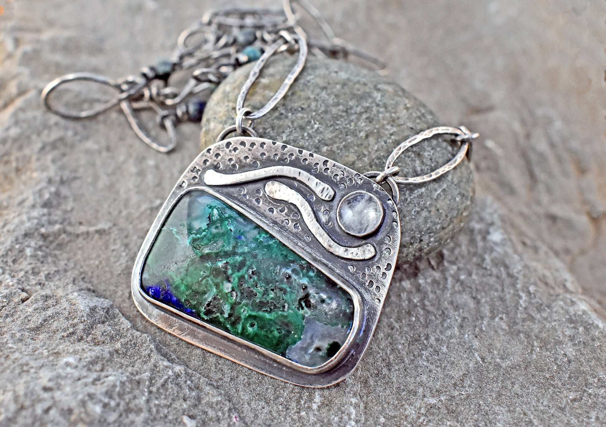 Azurite Malachite Necklace, Sterling Silver Artisan Pendant, Silversmith Statement Jewelry Handmade Chain, Rustic Green Stone, Moonstone