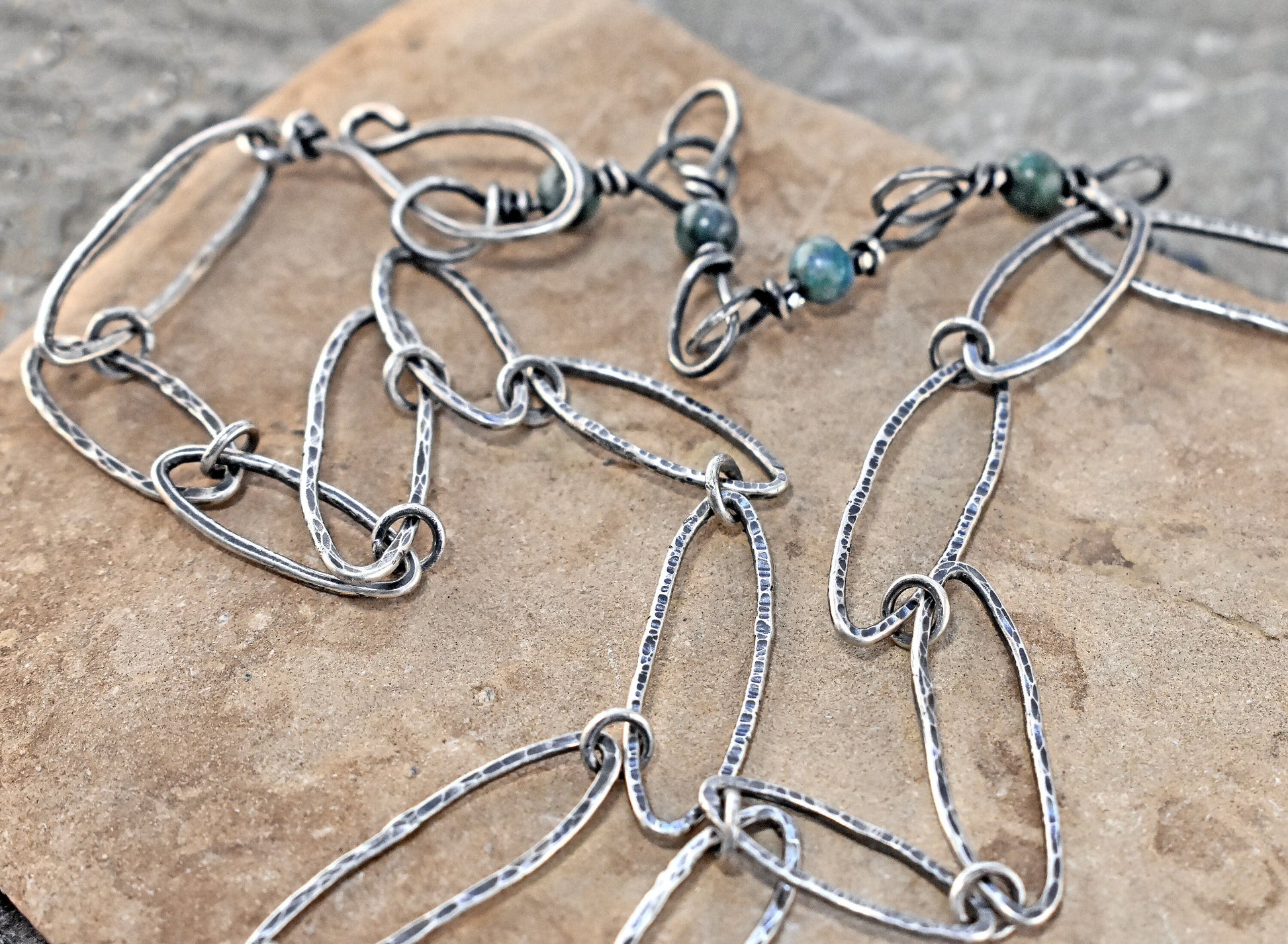 Azurite Malachite Necklace, Sterling Silver Artisan Pendant, Silversmith Statement Jewelry Handmade Chain, Rustic Green Stone, Moonstone