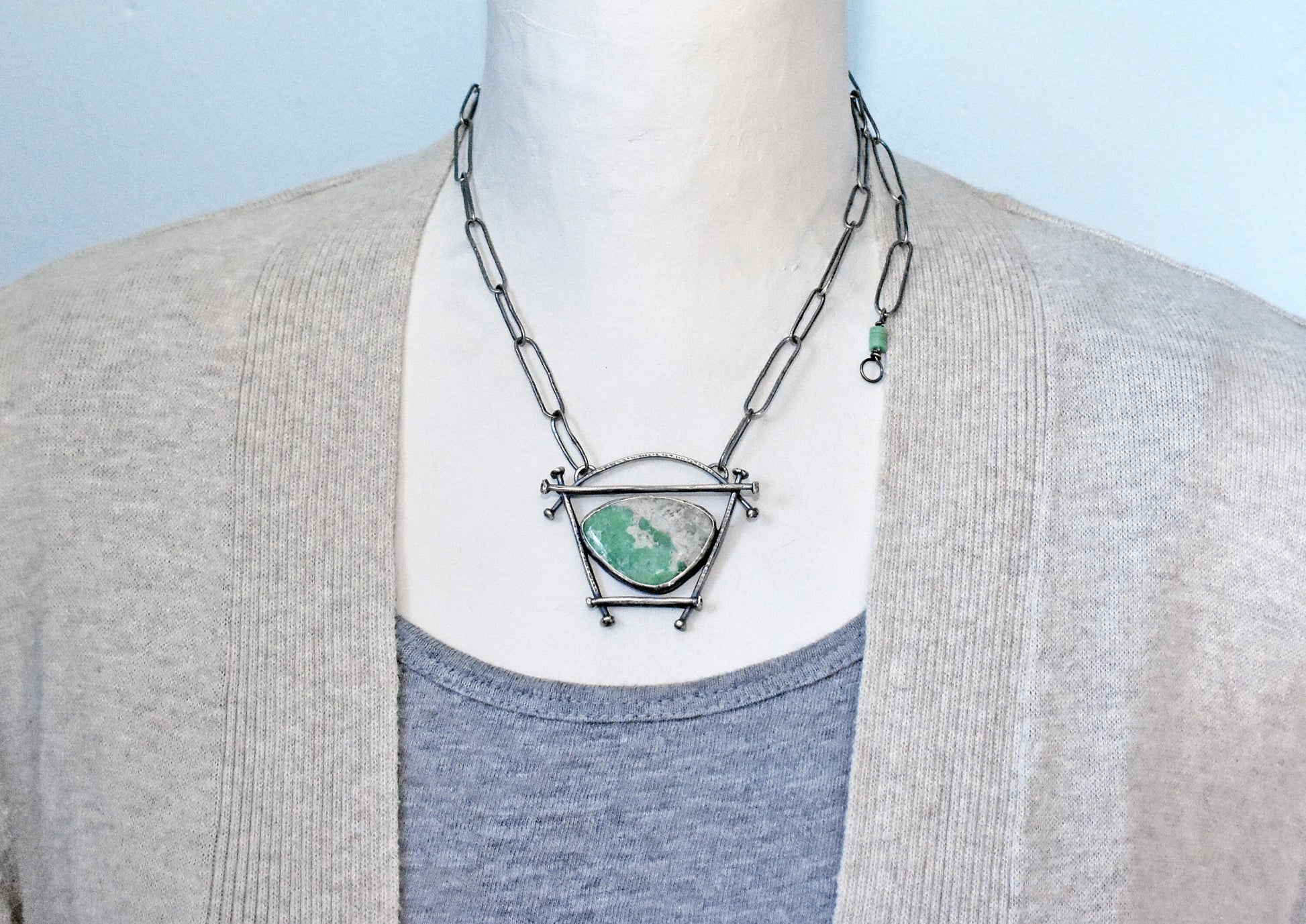 Variscite Necklace, Rustic Sterling Silver Artisan Pendant, Unique Green Stone, Organic Silversmith Jewelry, Metalsmith, Handmade Chain