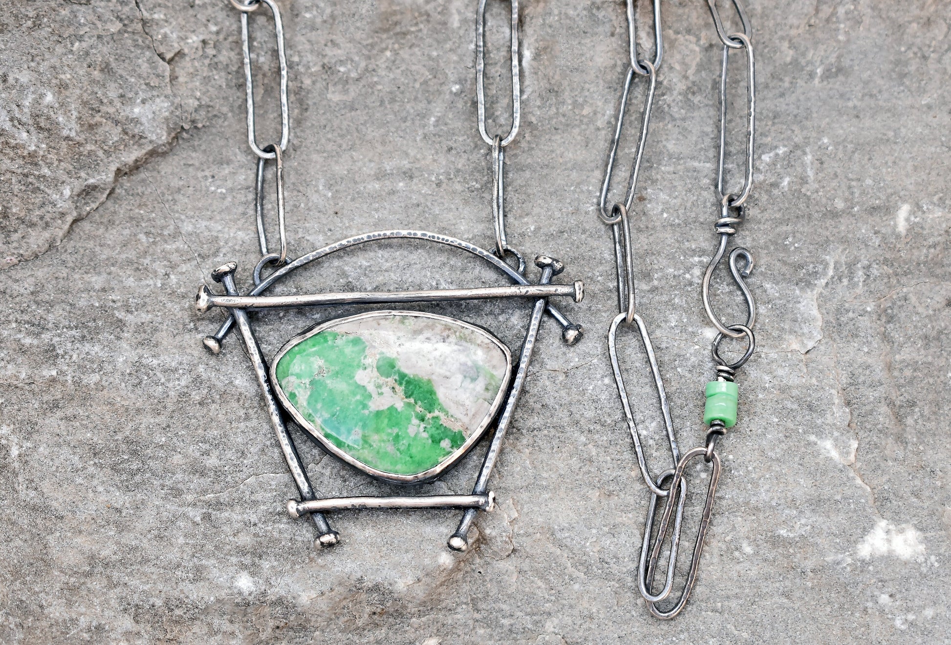 Variscite Necklace, Rustic Sterling Silver Artisan Pendant, Unique Green Stone, Organic Silversmith Jewelry, Metalsmith, Handmade Chain
