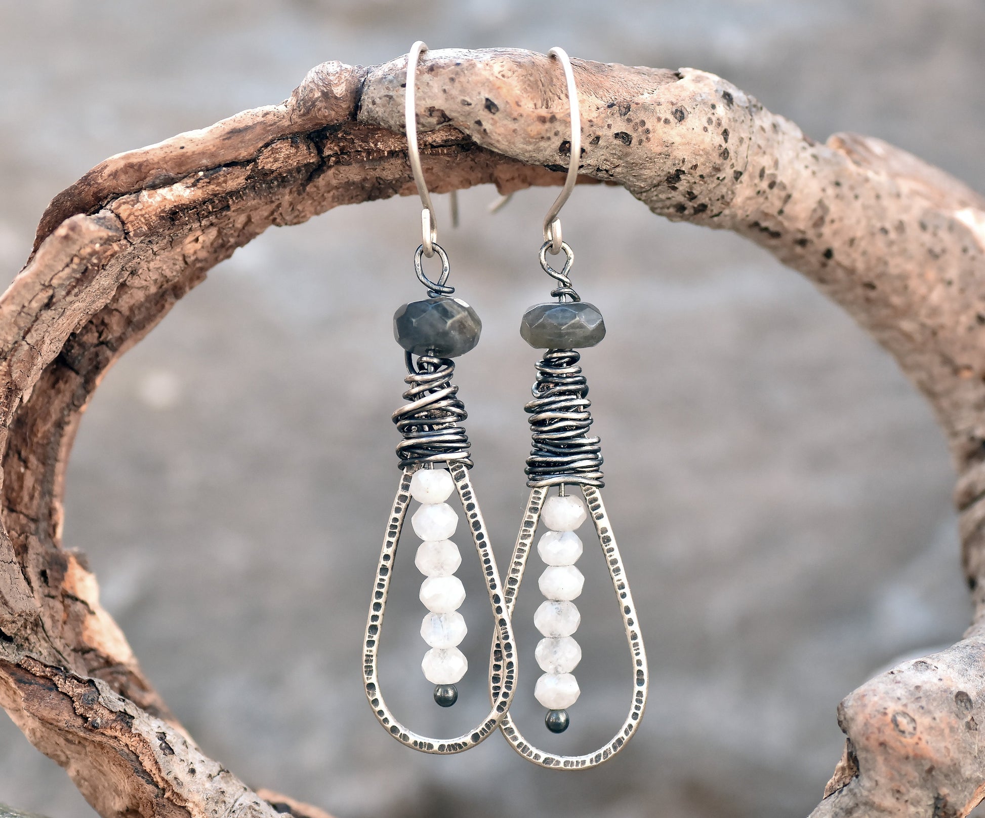 Moonstone Labradorite Teardrop Earrings, Sterling Silver Gemstone Dangles, Rustic Artisan Wire Jewelry Handmade