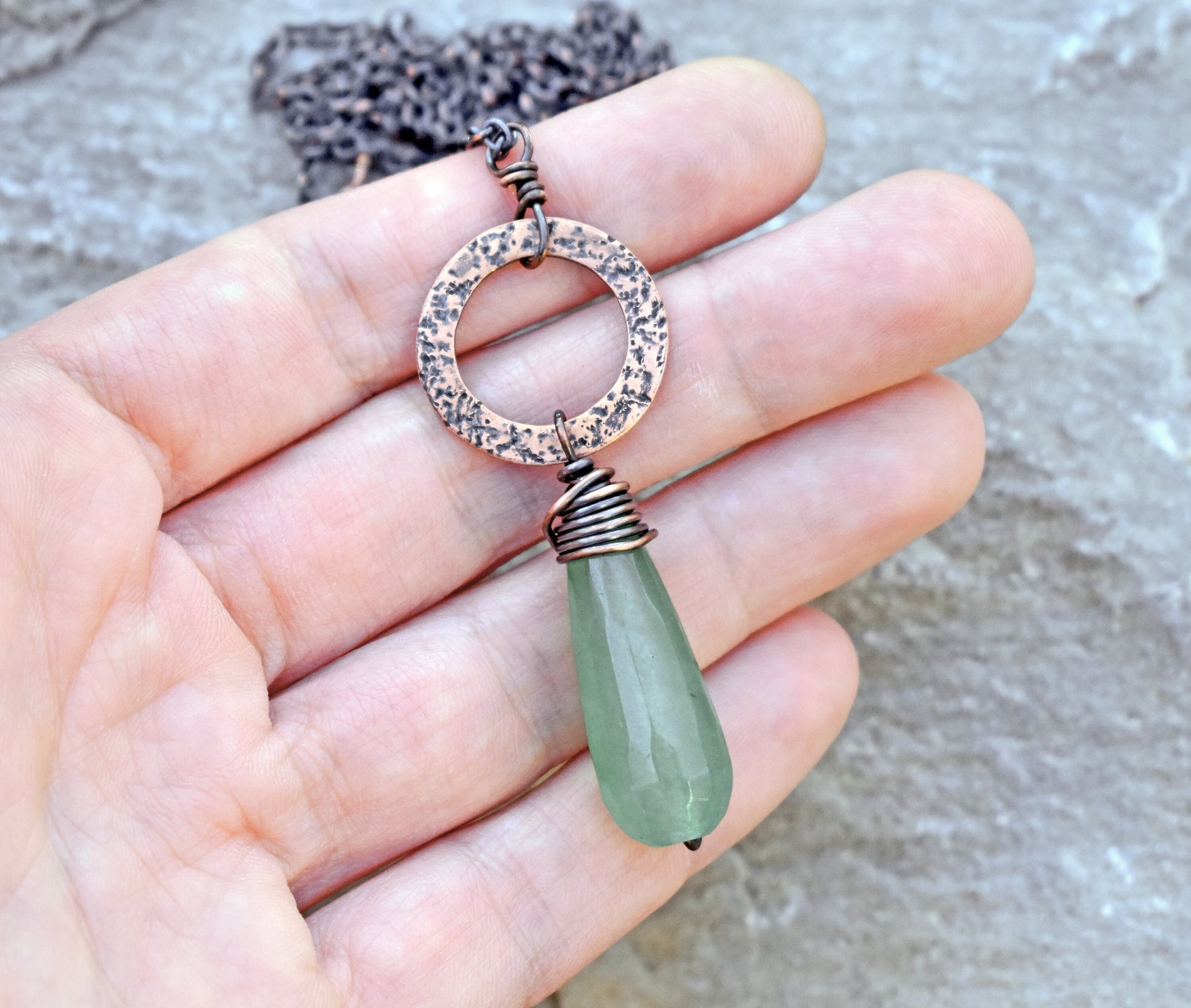 Jade Teardrop Necklace, Faceted Light Green Gemstone Jewelry, Hammered Copper Washer Pendant, Unique Artisan Rustic Metal