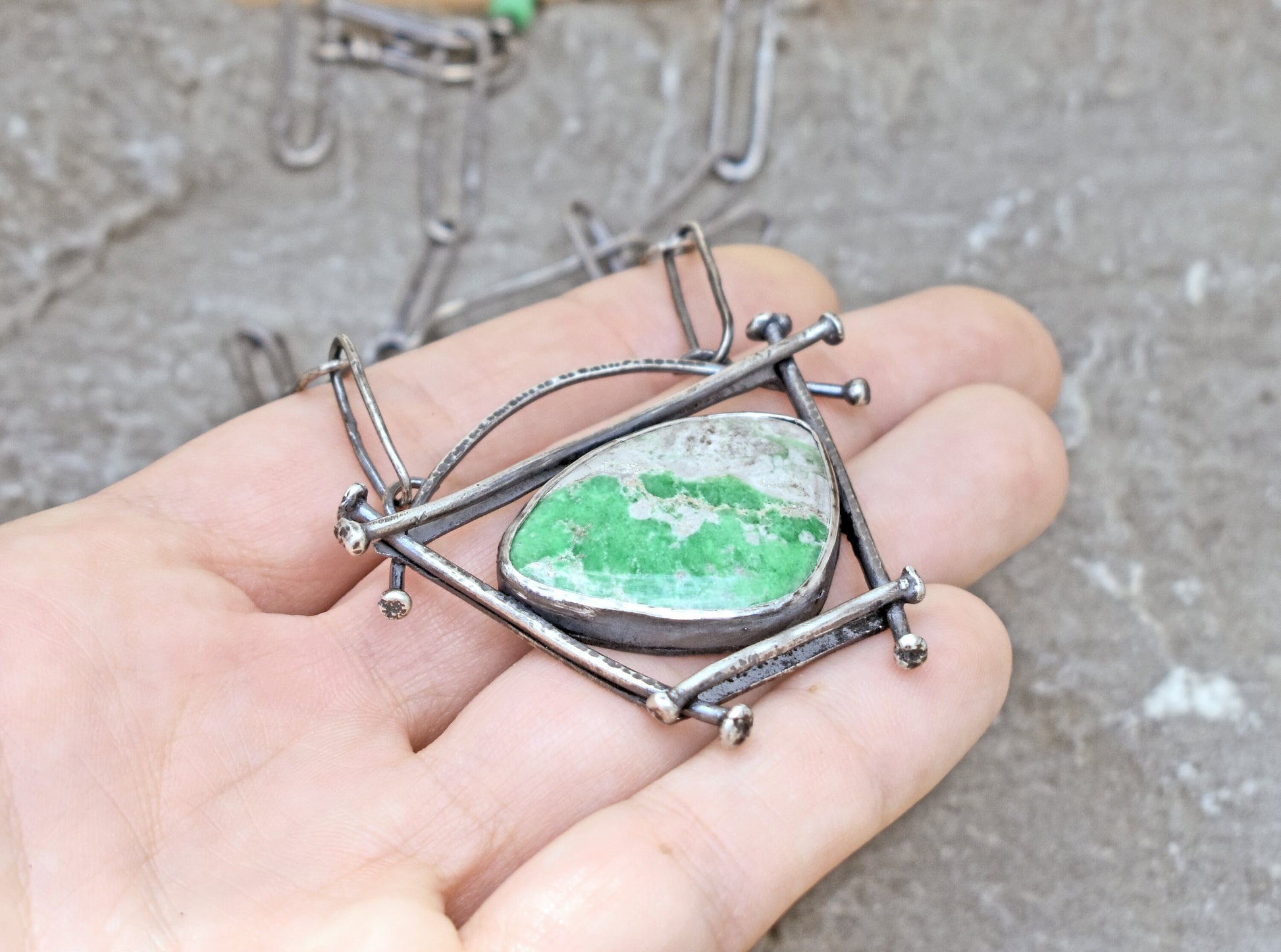Variscite Necklace, Rustic Sterling Silver Artisan Pendant, Unique Green Stone, Organic Silversmith Jewelry, Metalsmith, Handmade Chain