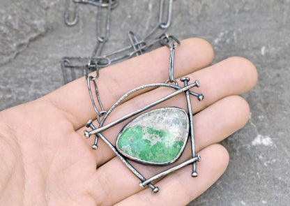 Variscite Necklace, Rustic Sterling Silver Artisan Pendant, Unique Green Stone, Organic Silversmith Jewelry, Metalsmith, Handmade Chain