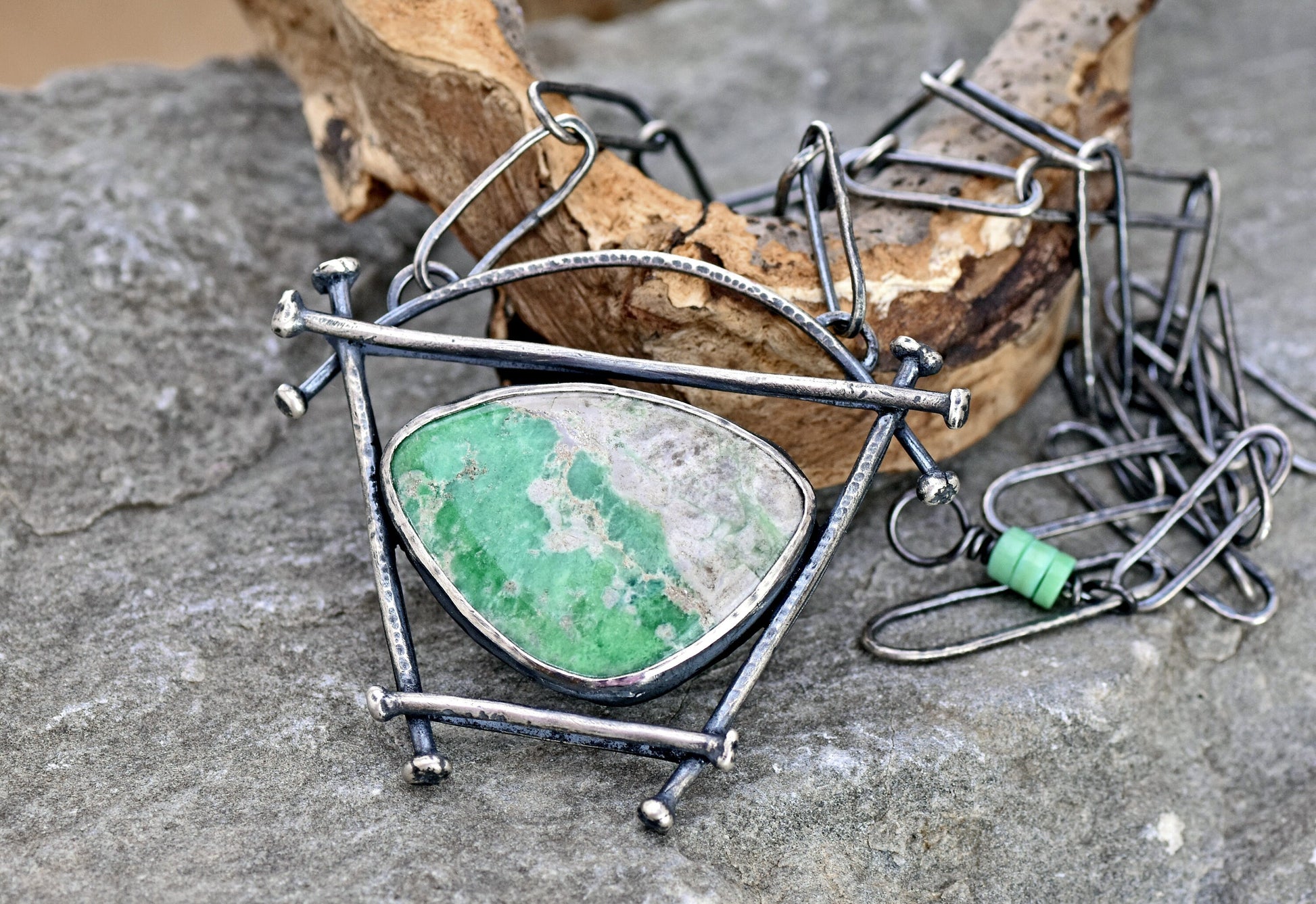 Variscite Necklace, Rustic Sterling Silver Artisan Pendant, Unique Green Stone, Organic Silversmith Jewelry, Metalsmith, Handmade Chain