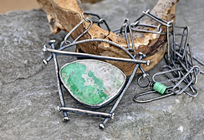 Variscite Necklace, Rustic Sterling Silver Artisan Pendant, Unique Green Stone, Organic Silversmith Jewelry, Metalsmith, Handmade Chain