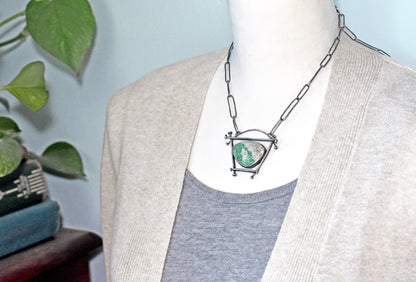 Variscite Necklace, Rustic Sterling Silver Artisan Pendant, Unique Green Stone, Organic Silversmith Jewelry, Metalsmith, Handmade Chain