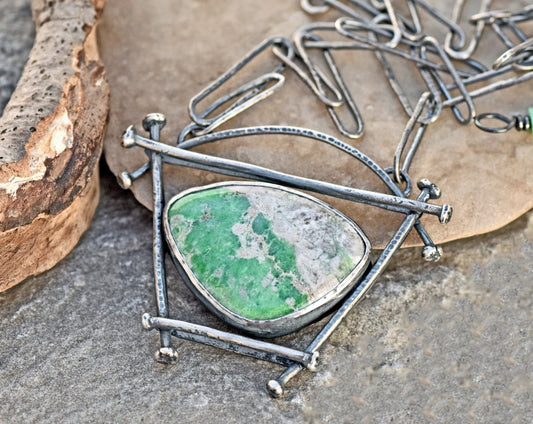 Variscite Necklace, Rustic Sterling Silver Artisan Pendant, Unique Green Stone, Organic Silversmith Jewelry, Metalsmith, Handmade Chain