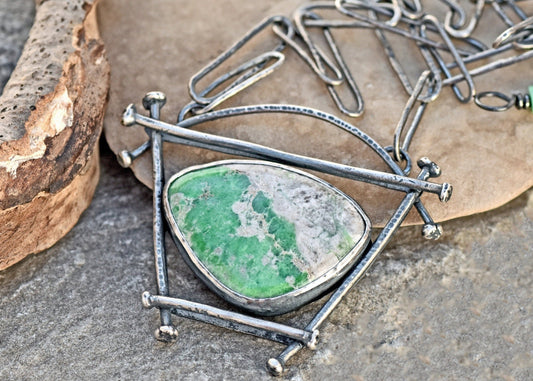 Variscite Necklace, Rustic Sterling Silver Artisan Pendant, Unique Green Stone, Organic Silversmith Jewelry, Metalsmith, Handmade Chain