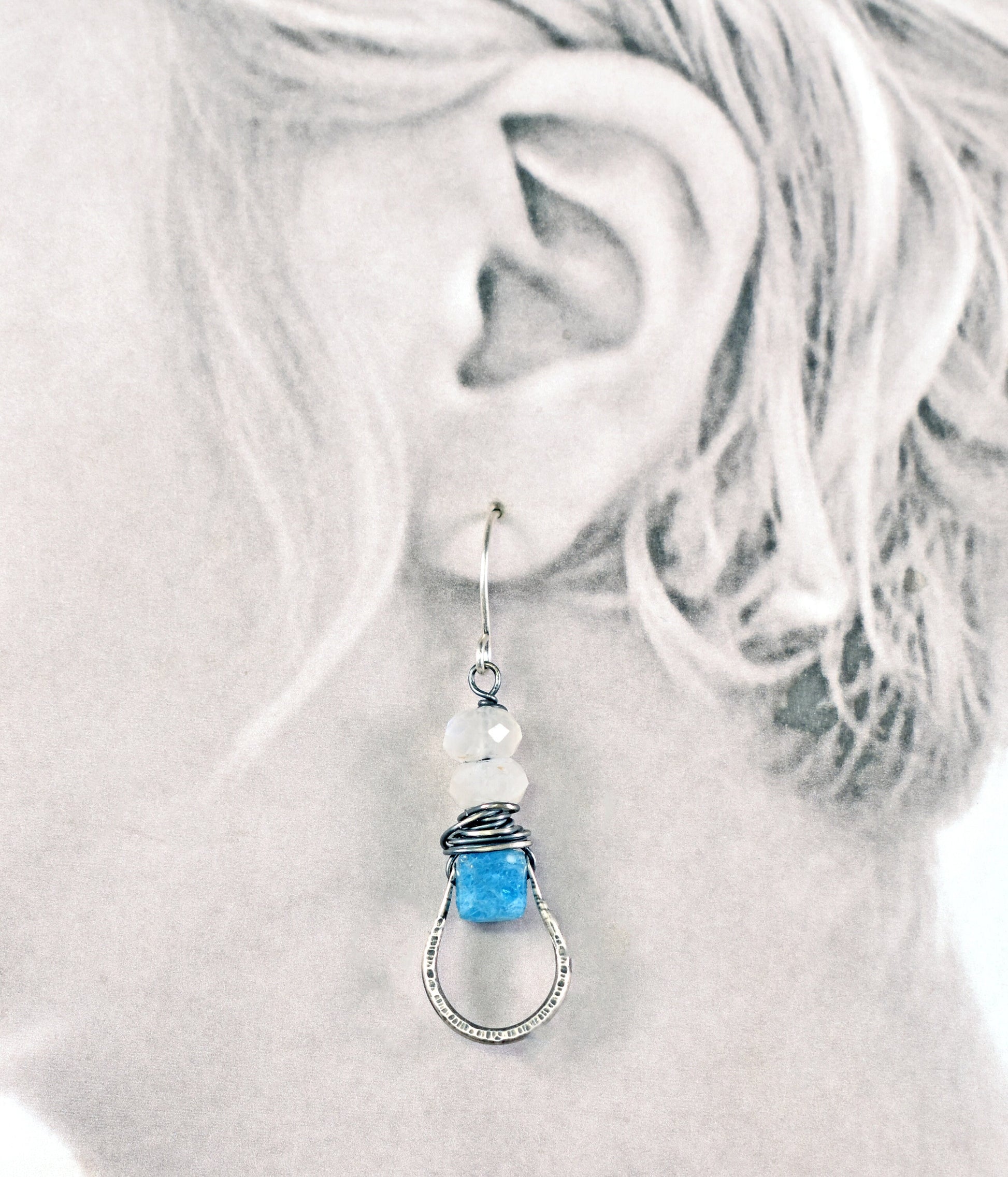 Blue Apatite Earrings, Rustic Moonstone Sterling Silver Dangles, Natural Stone Wire Wrap Jewelry, Artisan Unique Metalwork