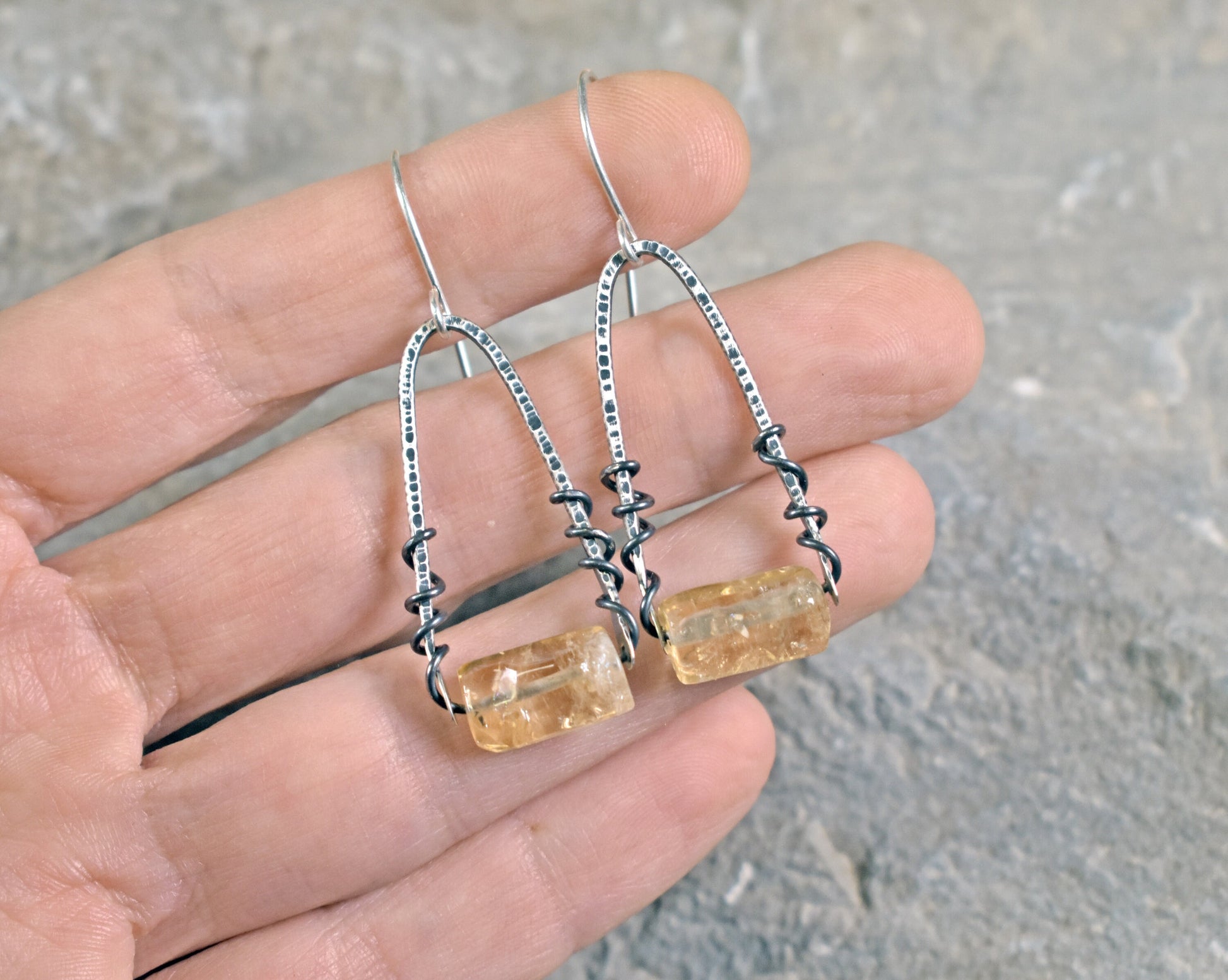 Citrine Sterling Silver Earrings, Simple Yellow Crystal Dangles, Unique Rustic Gemstone Jewelry, November Birthstone
