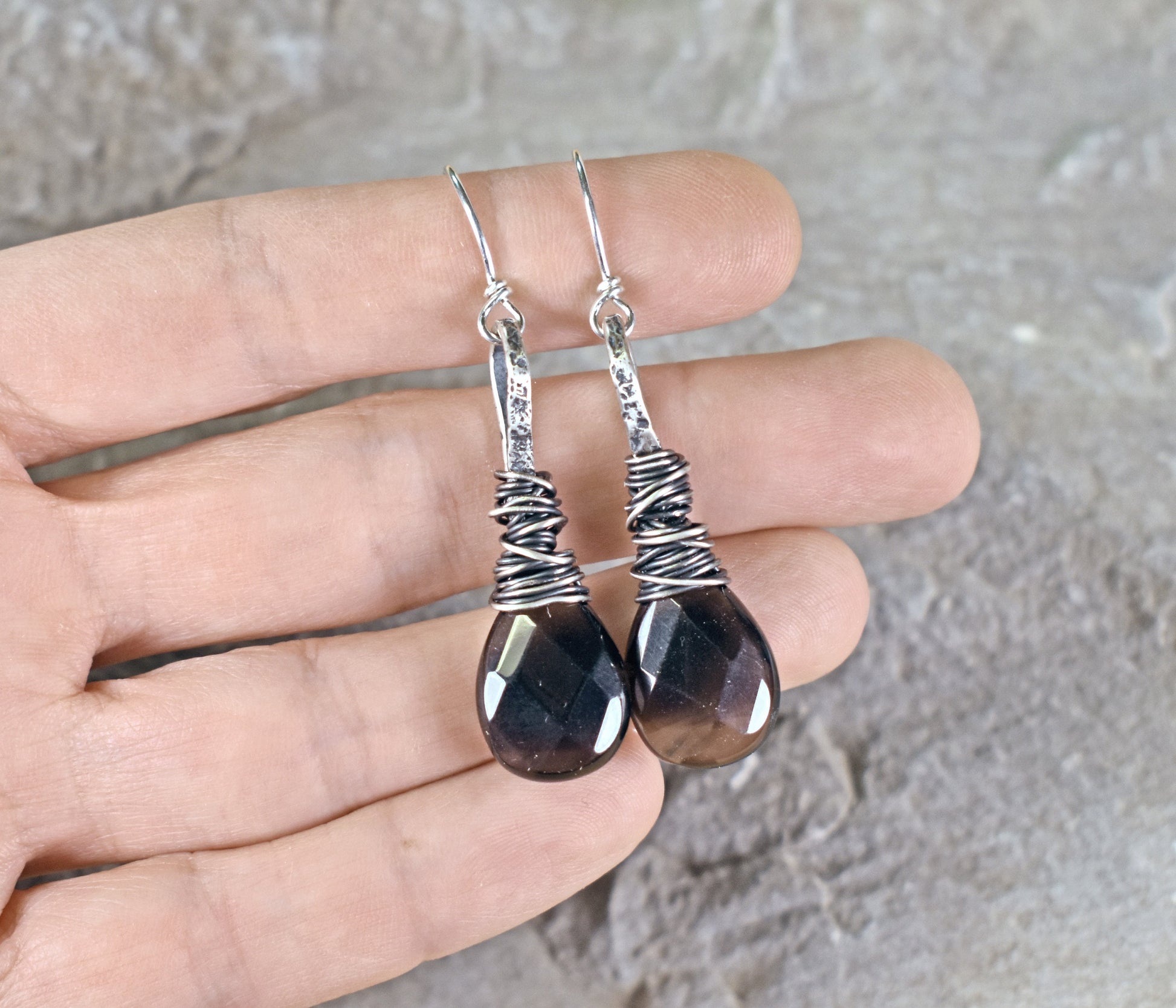 Smoky Quartz Teardrop Earrings Sterling Silver, Large Grey Faceted Gemstone Dangles, Messy Wire Wrap Natural Stone Jewelry Handmade