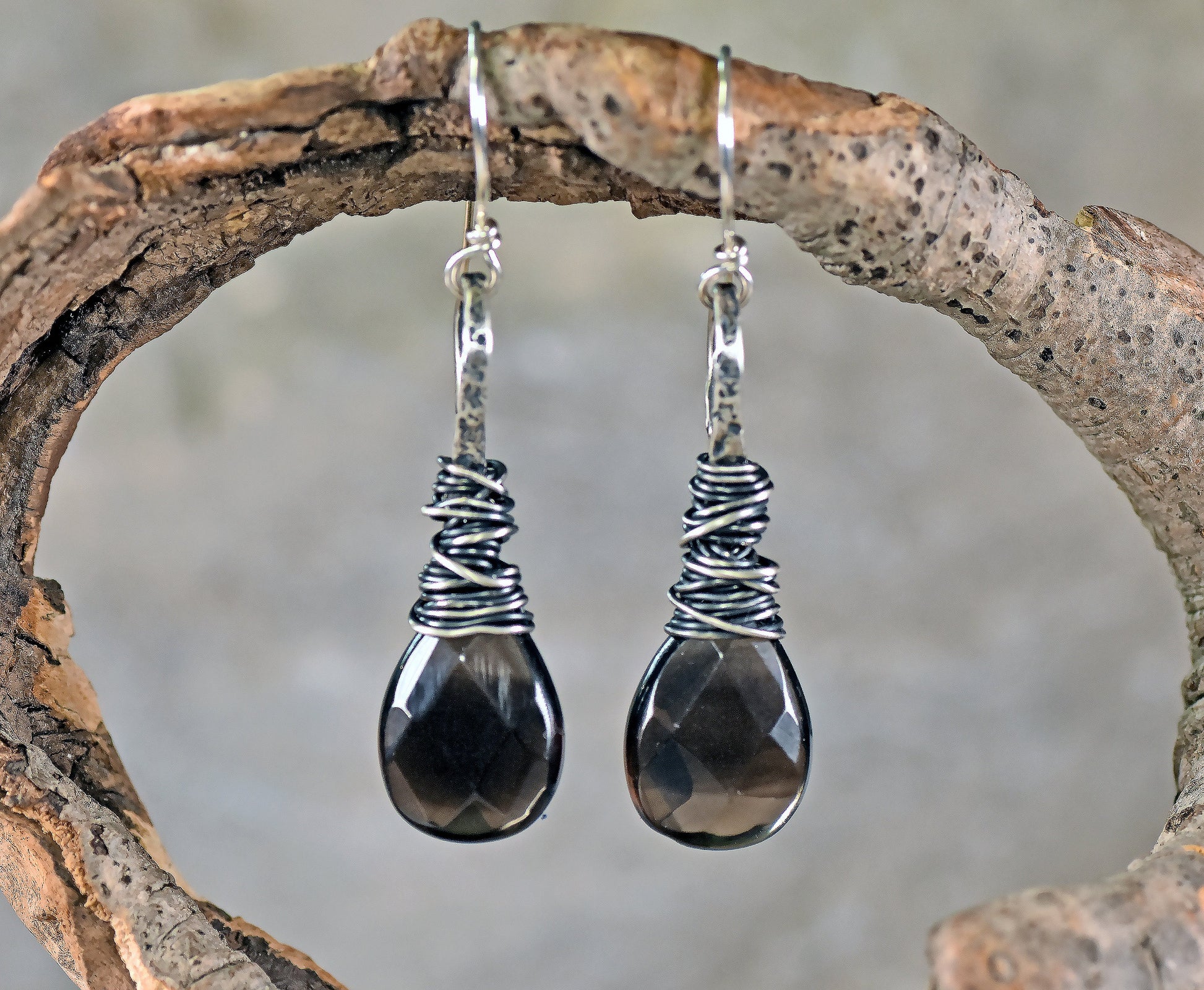 Smoky Quartz Teardrop Earrings Sterling Silver, Large Grey Faceted Gemstone Dangles, Messy Wire Wrap Natural Stone Jewelry Handmade