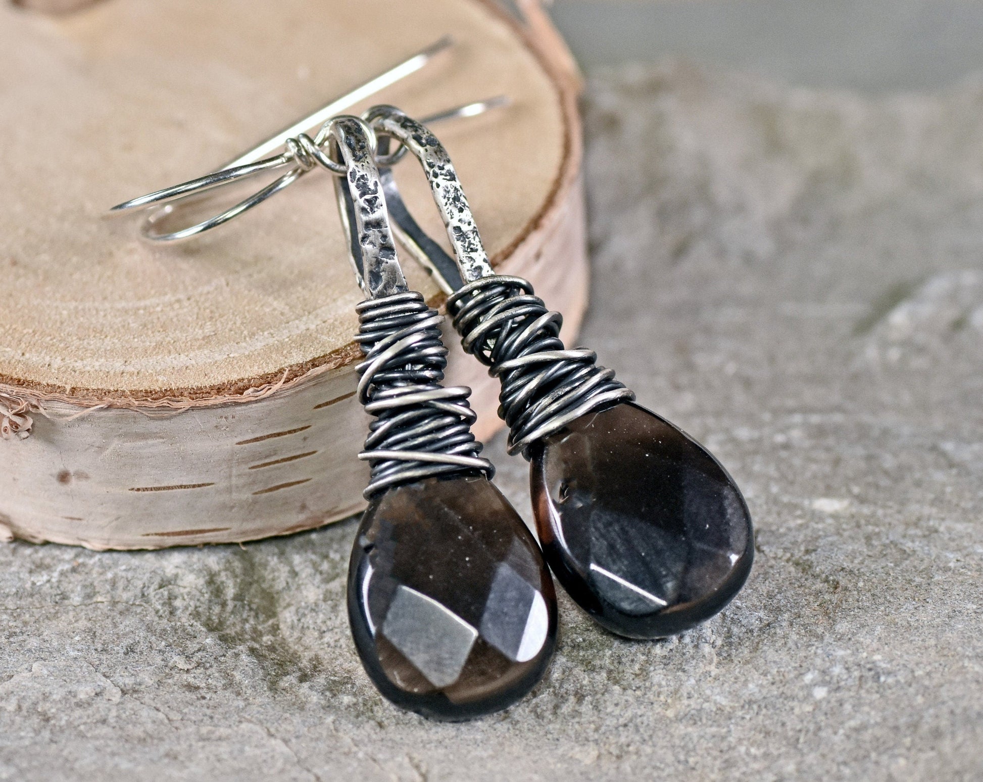 Smoky Quartz Teardrop Earrings Sterling Silver, Large Grey Faceted Gemstone Dangles, Messy Wire Wrap Natural Stone Jewelry Handmade
