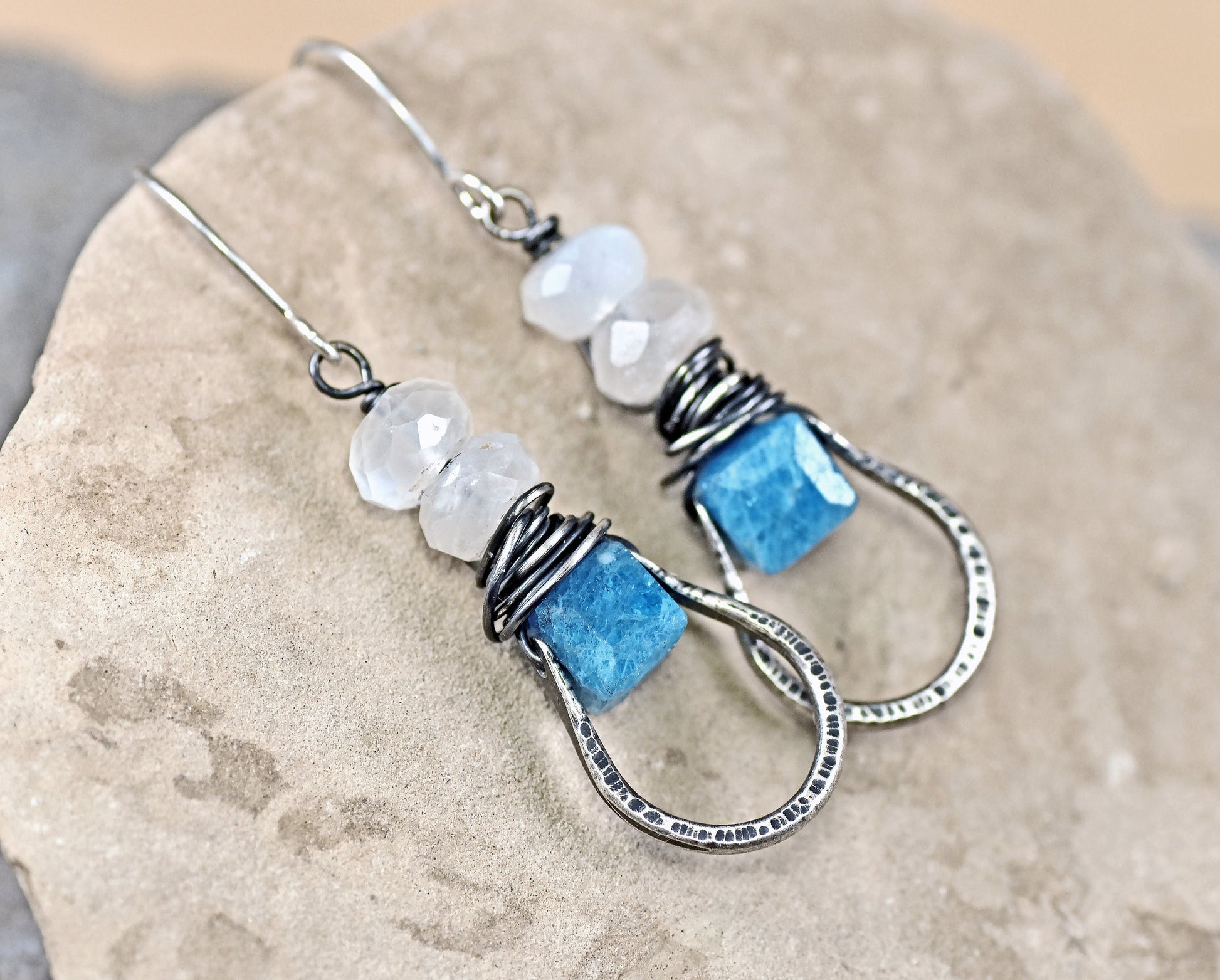 Blue Apatite Earrings, Rustic Moonstone Sterling Silver Dangles, Natural Stone Wire Wrap Jewelry, Artisan Unique Metalwork
