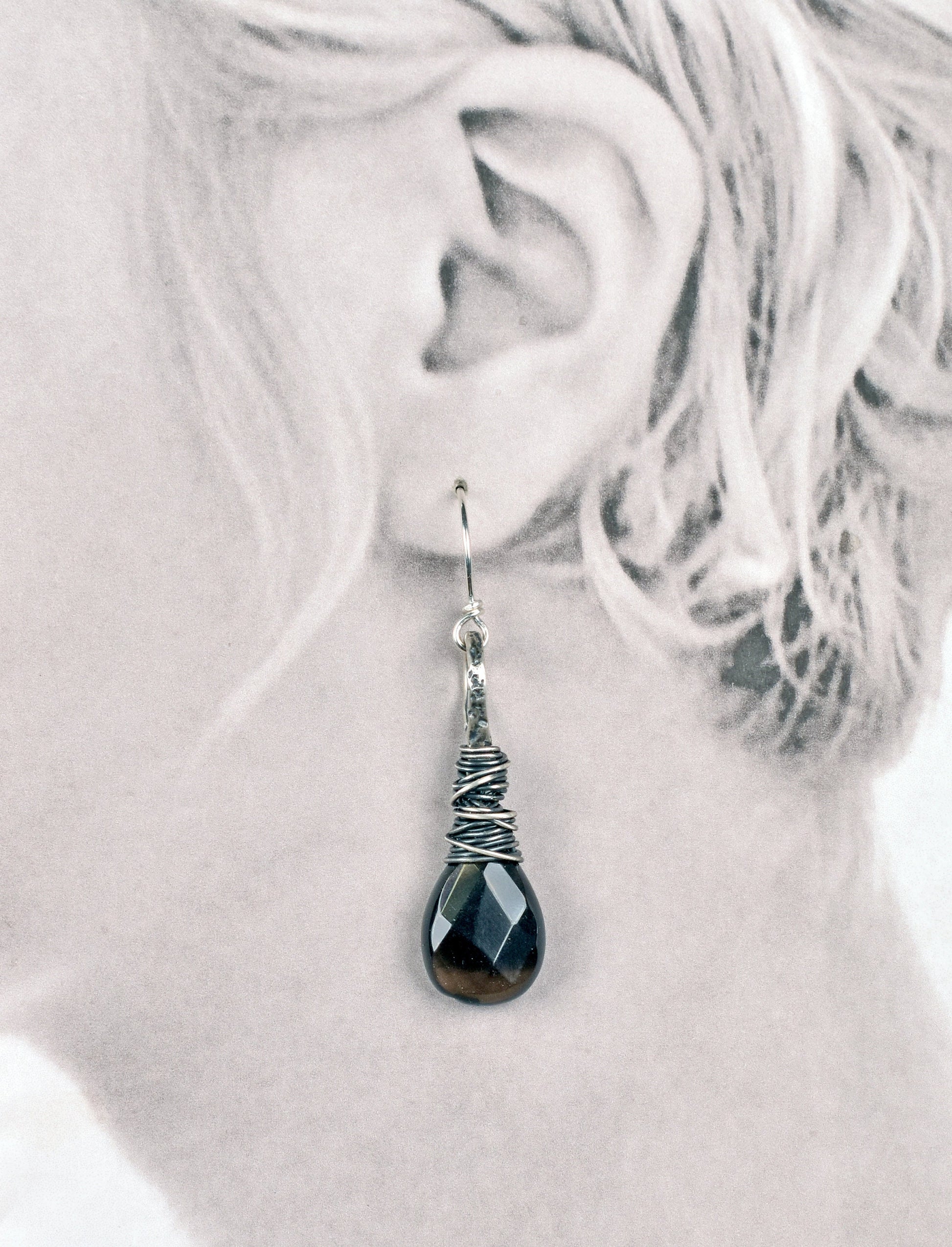 Smoky Quartz Teardrop Earrings Sterling Silver, Large Grey Faceted Gemstone Dangles, Messy Wire Wrap Natural Stone Jewelry Handmade