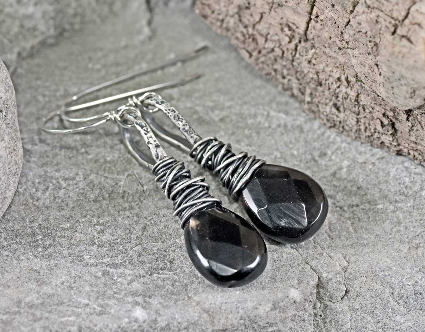 Smoky Quartz Teardrop Earrings Sterling Silver, Large Grey Faceted Gemstone Dangles, Messy Wire Wrap Natural Stone Jewelry Handmade