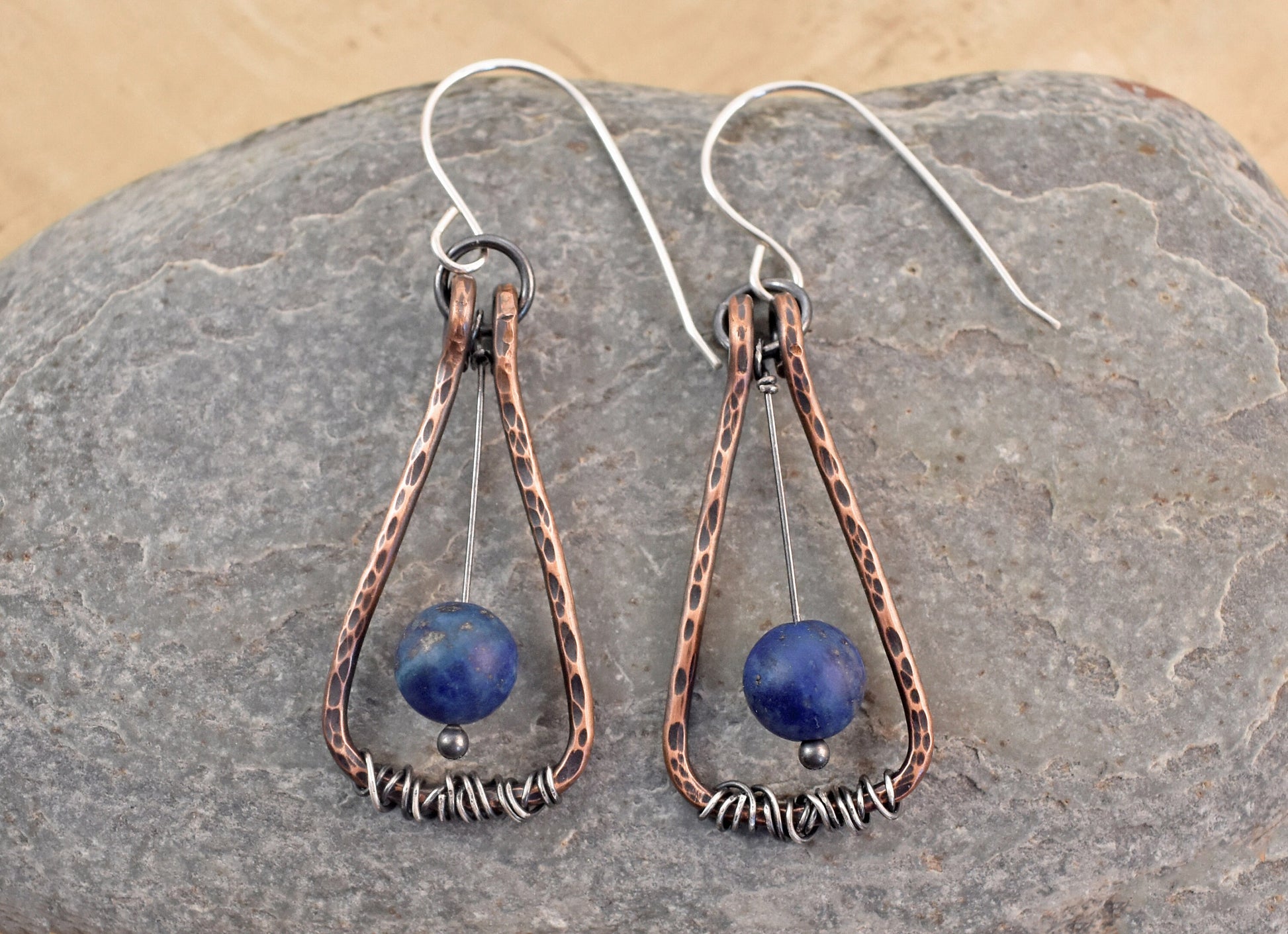 Mixed Metal Lapis Lazuli Earrings, Rustic Hammered Copper Wire Jewelry, Artisan Sterling Silver, Dark Blue Gemstone Dangles