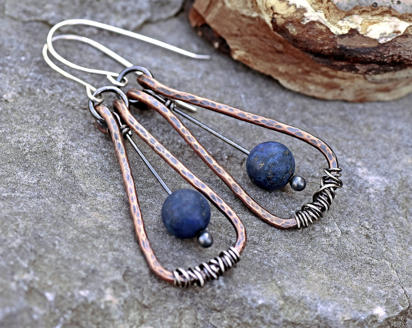 Mixed Metal Lapis Lazuli Earrings, Rustic Hammered Copper Wire Jewelry, Artisan Sterling Silver, Dark Blue Gemstone Dangles