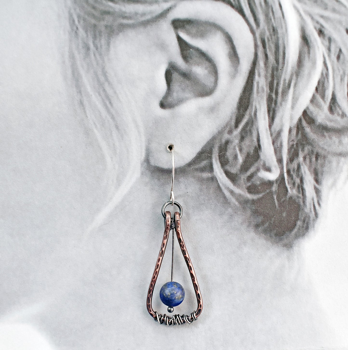 Mixed Metal Lapis Lazuli Earrings, Rustic Hammered Copper Wire Jewelry, Artisan Sterling Silver, Dark Blue Gemstone Dangles