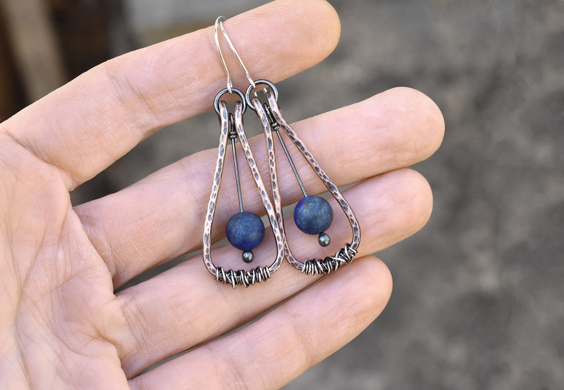 Mixed Metal Lapis Lazuli Earrings, Rustic Hammered Copper Wire Jewelry, Artisan Sterling Silver, Dark Blue Gemstone Dangles