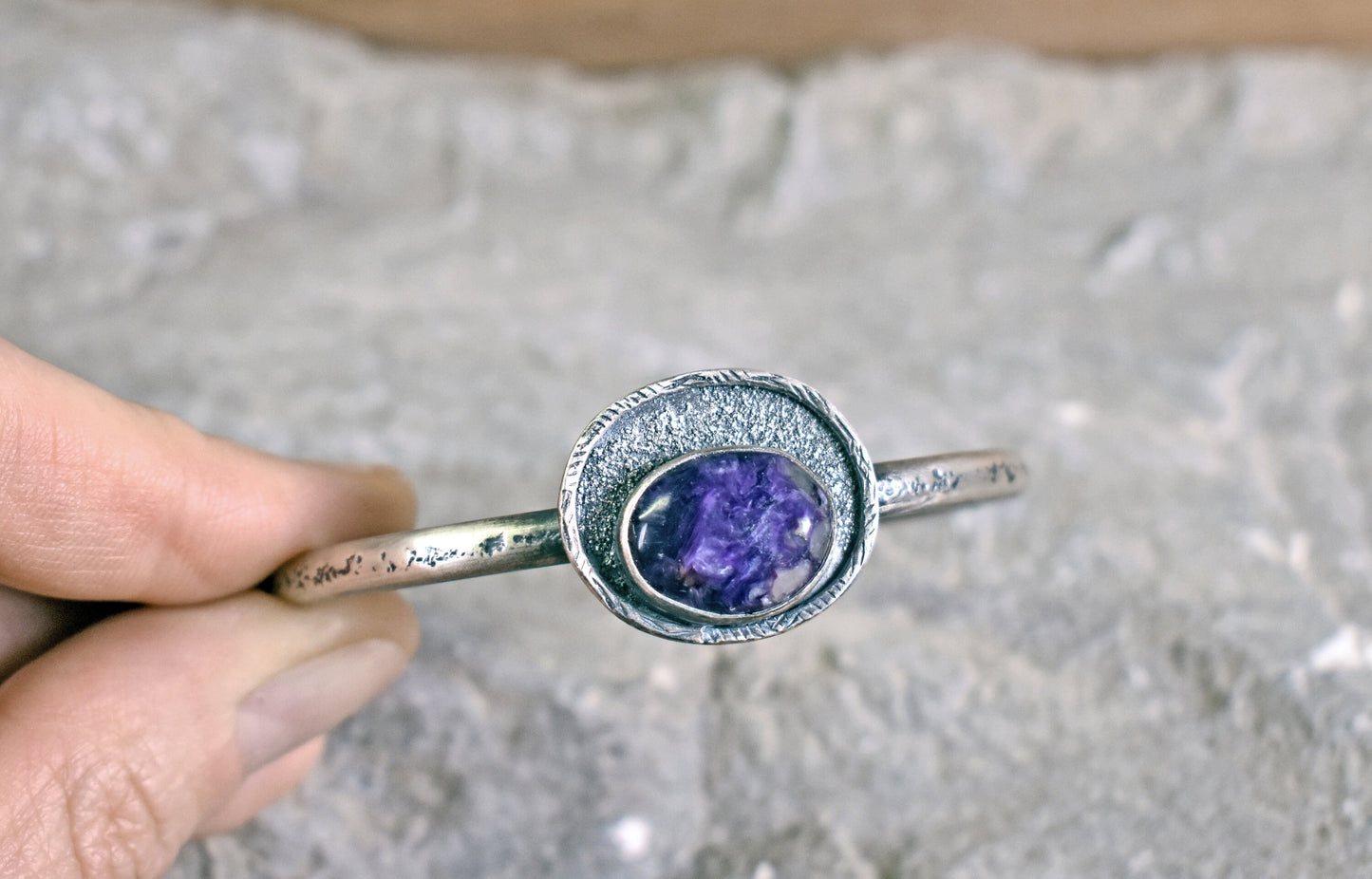 Charoite Cuff, Size Small, Rustic Artisan Sterling Silver Bracelet Handmade, Unique Purple Gemstone Jewelry