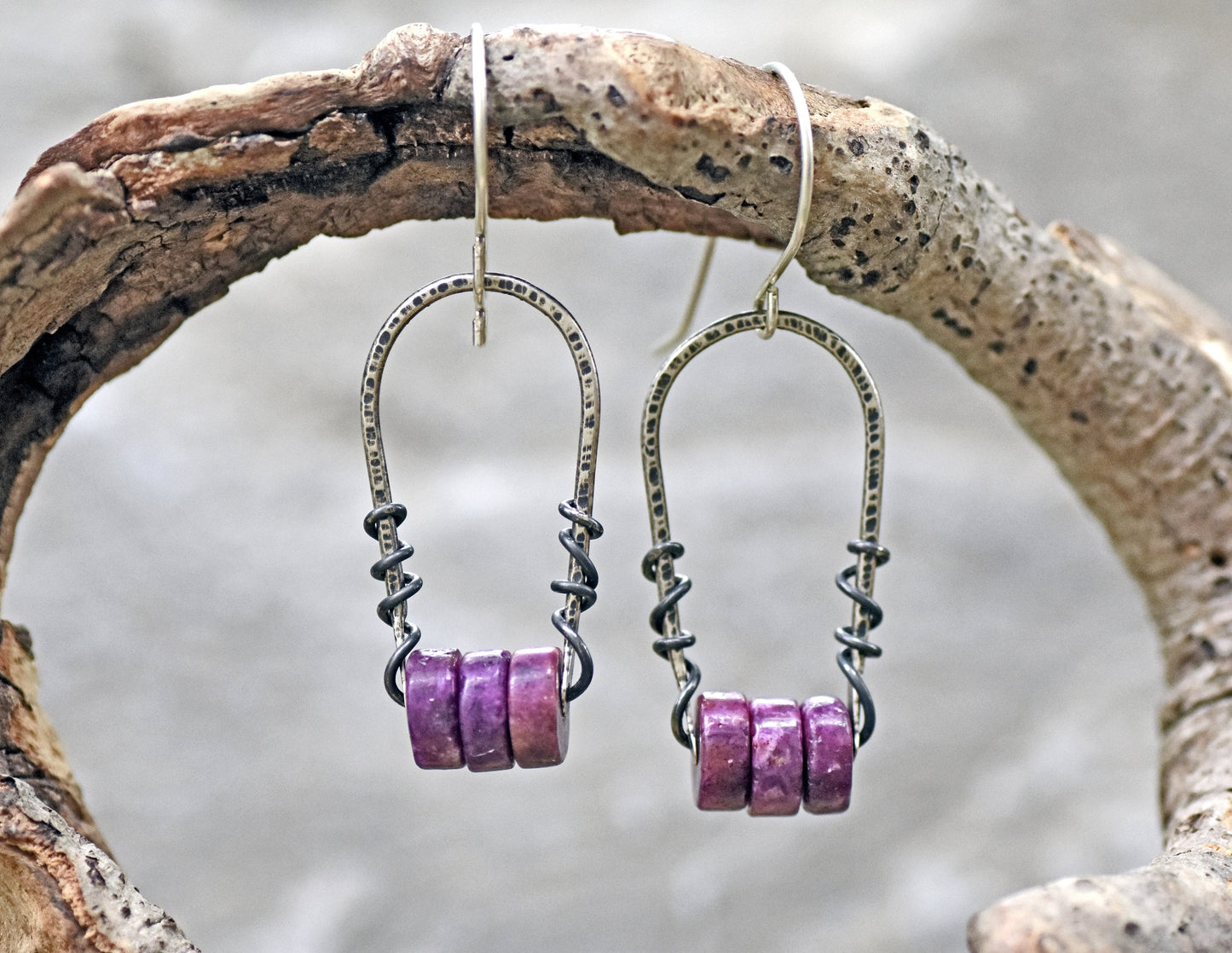 Lepidolite Earrings Sterling Silver, Magenta Gemstone Dangles, Rustic Wire Jewelry, Natural Fuchsia Stone, Bright Purple Pink