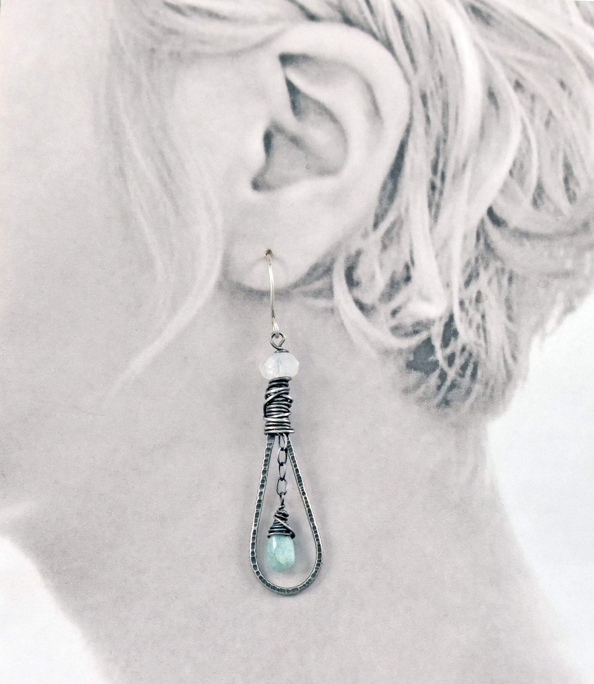 Moonstone Amazonite Sterling Silver Earrings, Light Blue White Gemstone Dangles, Rustic Artisan Wire Teardrop Jewelry Handmade