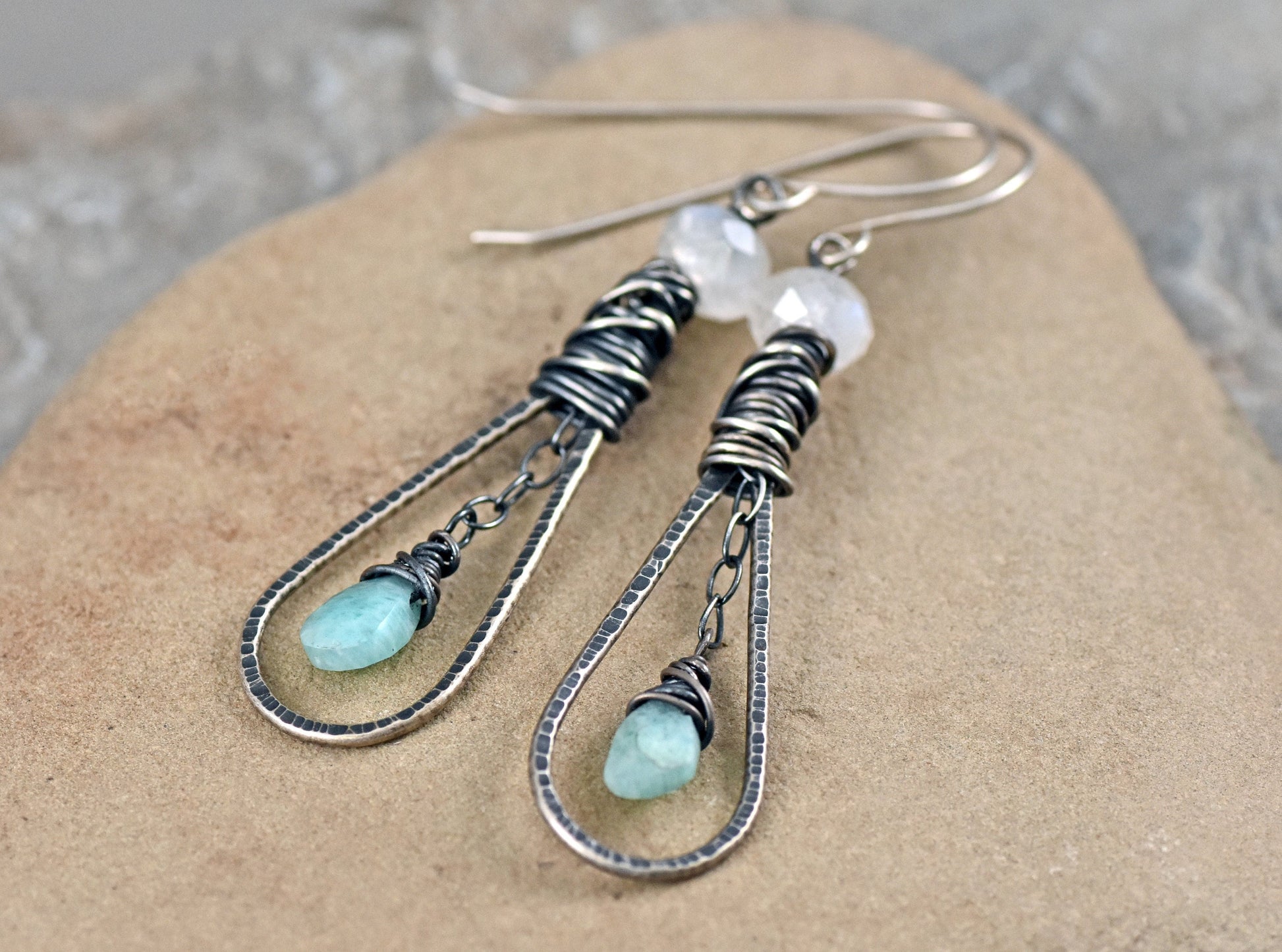 Moonstone Amazonite Sterling Silver Earrings, Light Blue White Gemstone Dangles, Rustic Artisan Wire Teardrop Jewelry Handmade