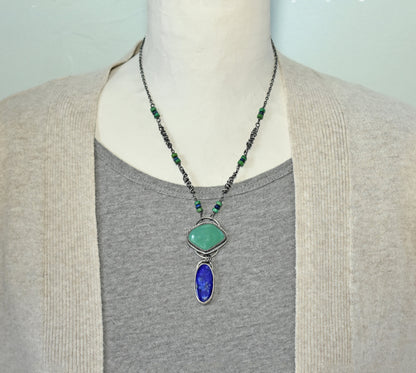 Turquoise Lapis Lazuli Necklace, Oxidized Sterling Silver Pendant, Organic Rustic Silversmith Boho Style Jewelry, Blue Green Gemstone