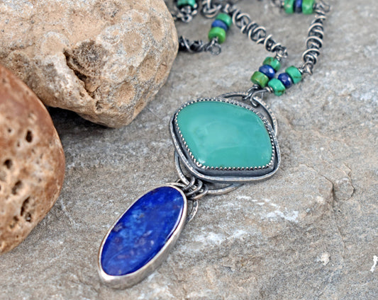 Turquoise Lapis Lazuli Necklace, Oxidized Sterling Silver Pendant, Organic Rustic Silversmith Boho Style Jewelry, Blue Green Gemstone