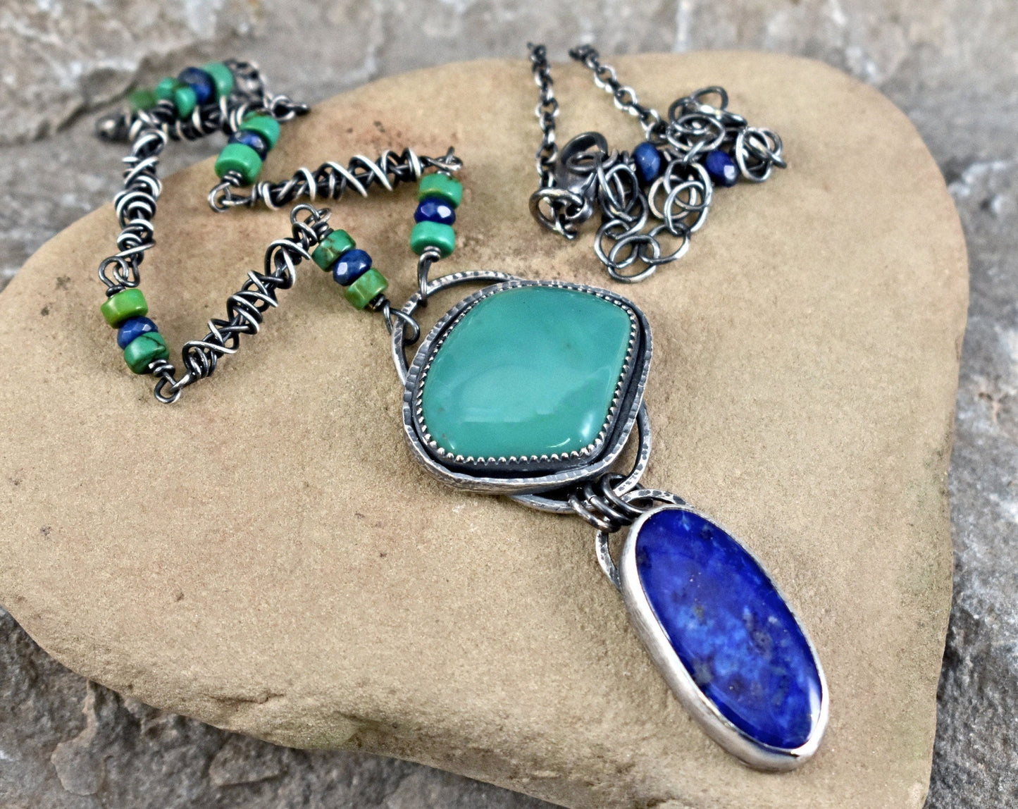 Turquoise Lapis Lazuli Necklace, Oxidized Sterling Silver Pendant, Organic Rustic Silversmith Boho Style Jewelry, Blue Green Gemstone
