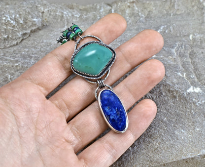 Turquoise Lapis Lazuli Necklace, Oxidized Sterling Silver Pendant, Organic Rustic Silversmith Boho Style Jewelry, Blue Green Gemstone
