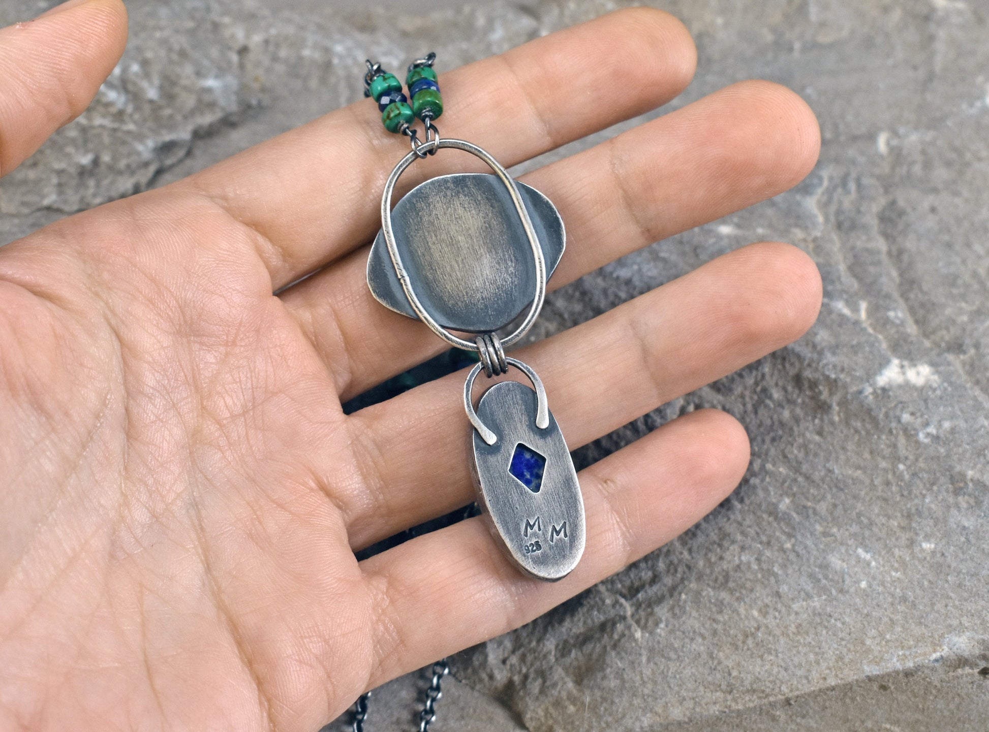 Turquoise Lapis Lazuli Necklace, Oxidized Sterling Silver Pendant, Organic Rustic Silversmith Boho Style Jewelry, Blue Green Gemstone