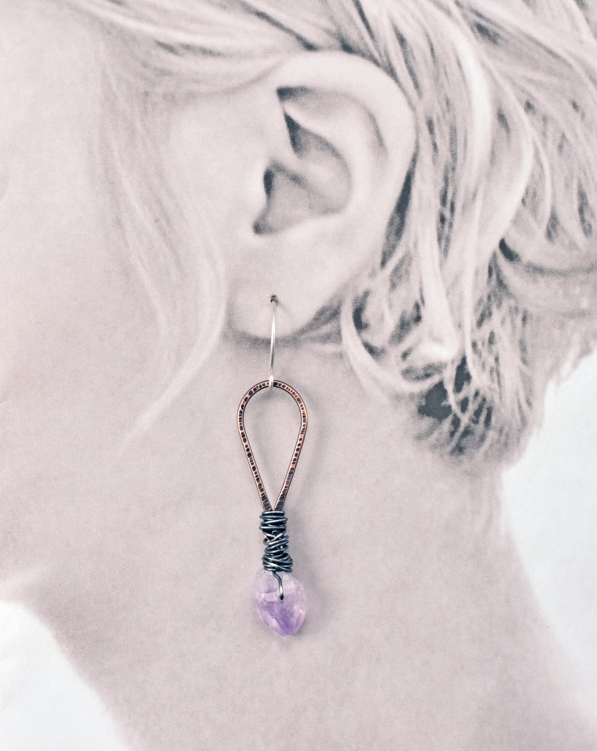 Raw Amethyst Mixed Metal Earrings, Rough Gemstone Jewelry, Rustic Copper Wire Dangles, Sterling Silver Ear Wires