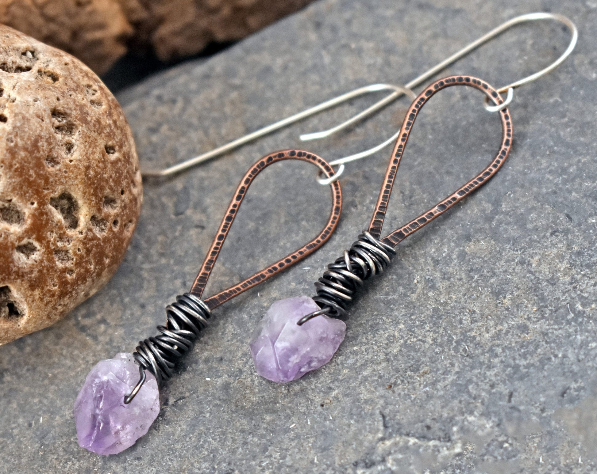 Raw Amethyst Mixed Metal Earrings, Rough Gemstone Jewelry, Rustic Copper Wire Dangles, Sterling Silver Ear Wires