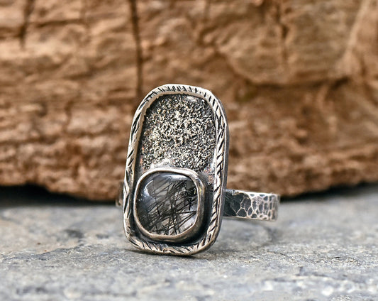 Tourmalinated Quartz Ring, Size 7, Rustic Sterling Silver Jewelry, Artisan Silversmith Handmade, Unique Black Gemstone