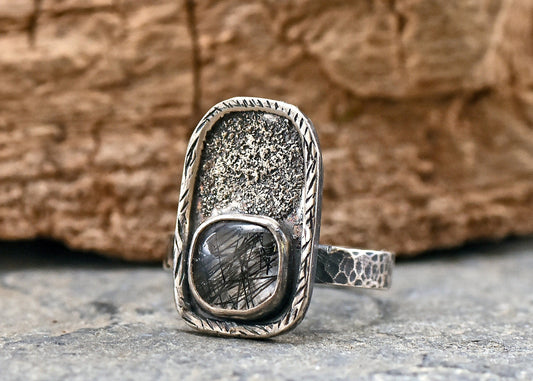 Tourmalinated Quartz Ring, Size 7, Rustic Sterling Silver Jewelry, Artisan Silversmith Handmade, Unique Black Gemstone